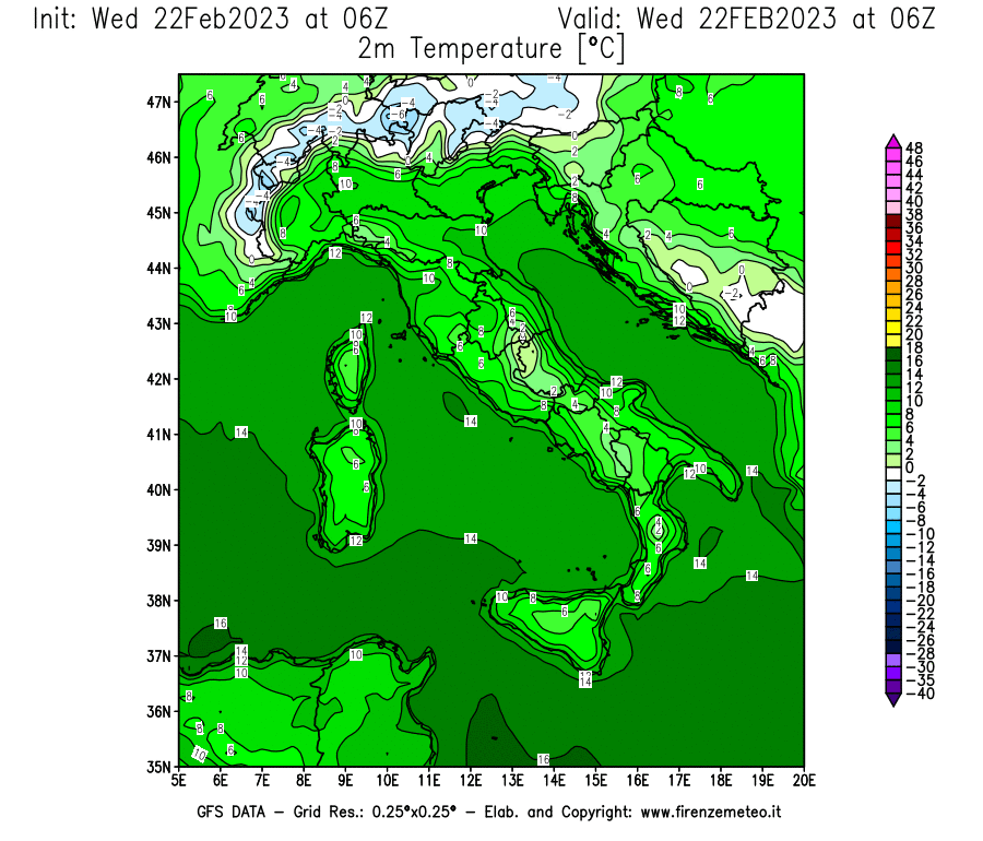 Mappa di analisi GFS - Temperatura a 2 metri dal suolo [°C] in Italia
							del 22/02/2023 06 <!--googleoff: index-->UTC<!--googleon: index-->