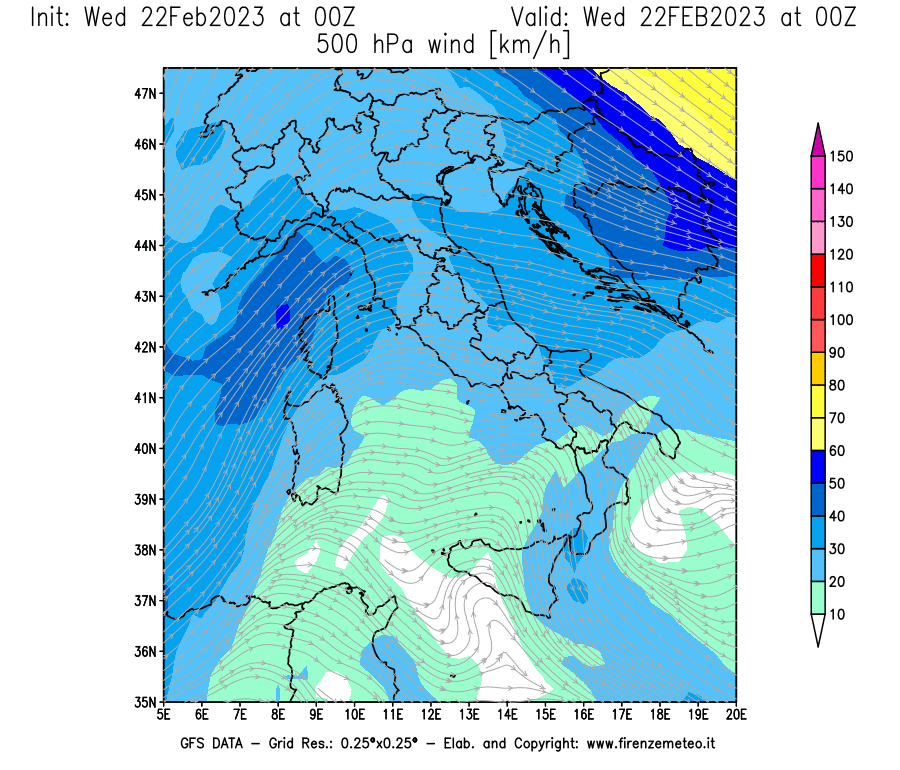 Mappa di analisi GFS - Velocità del vento a 500 hPa [km/h] in Italia
							del 22/02/2023 00 <!--googleoff: index-->UTC<!--googleon: index-->
