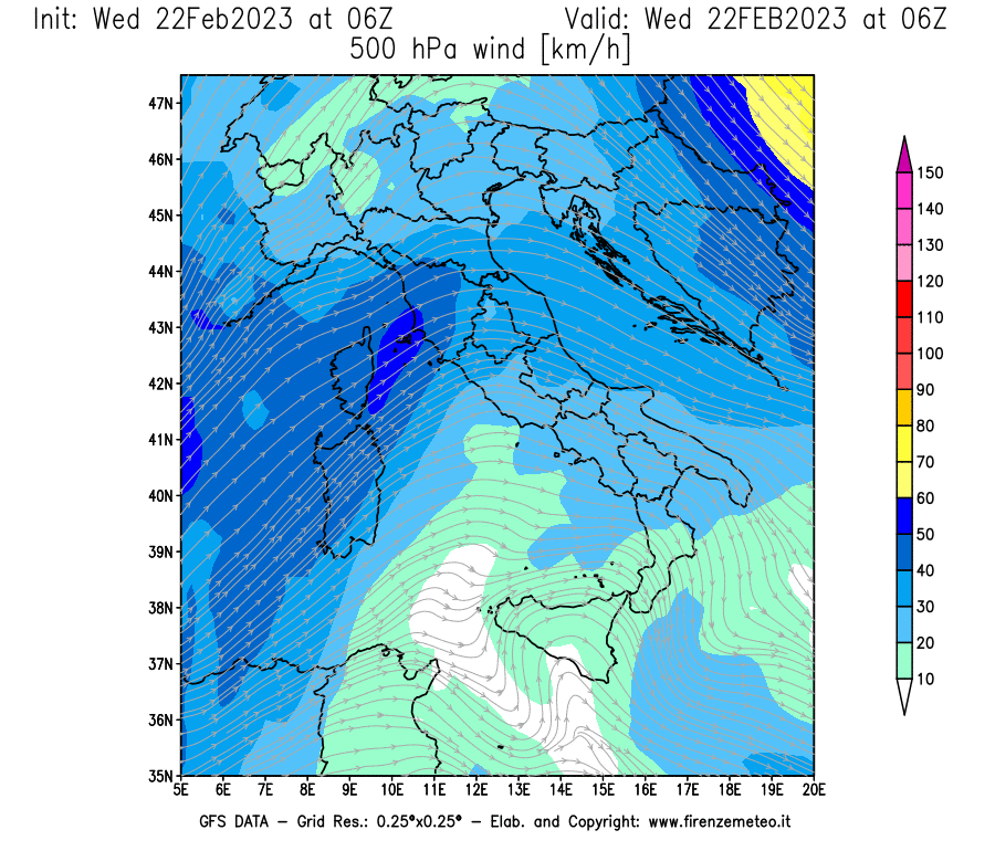 Mappa di analisi GFS - Velocità del vento a 500 hPa [km/h] in Italia
							del 22/02/2023 06 <!--googleoff: index-->UTC<!--googleon: index-->