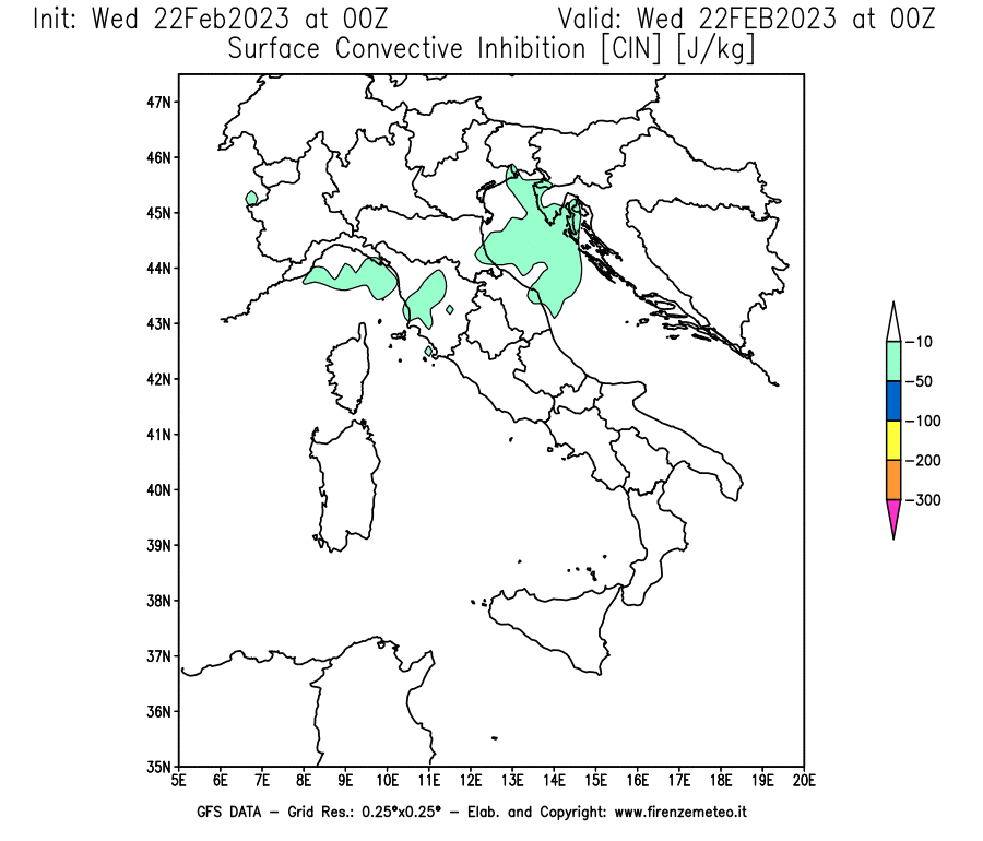 Mappa di analisi GFS - CIN [J/kg] in Italia
							del 22/02/2023 00 <!--googleoff: index-->UTC<!--googleon: index-->