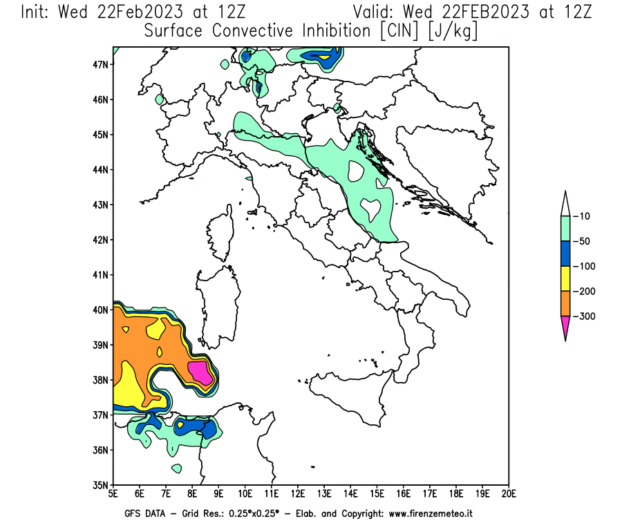 Mappa di analisi GFS - CIN [J/kg] in Italia
							del 22/02/2023 12 <!--googleoff: index-->UTC<!--googleon: index-->