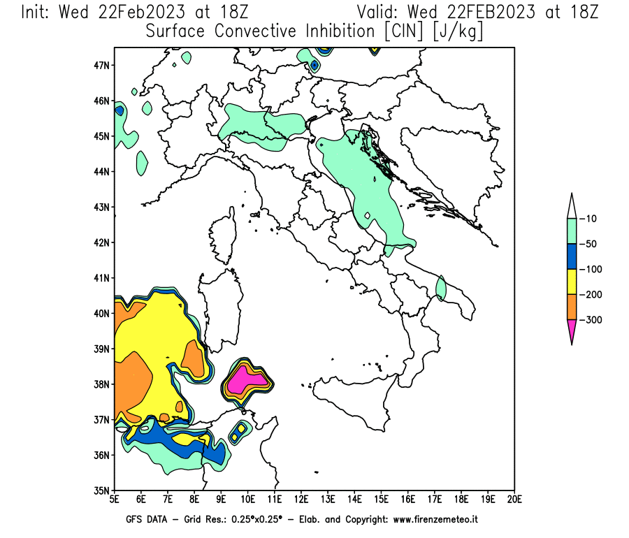 Mappa di analisi GFS - CIN [J/kg] in Italia
							del 22/02/2023 18 <!--googleoff: index-->UTC<!--googleon: index-->