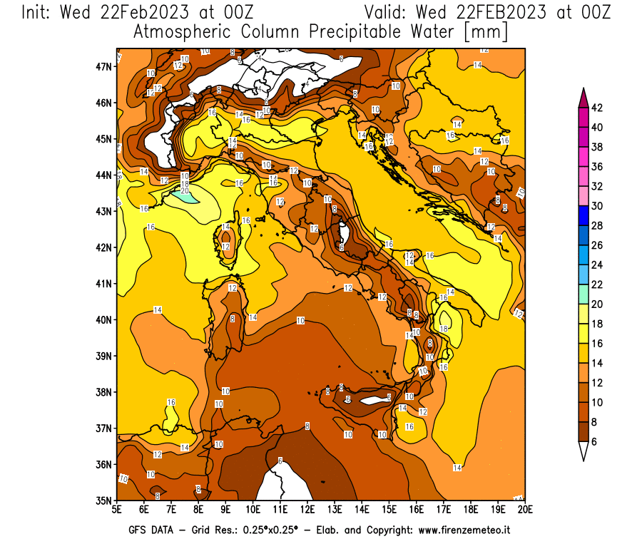Mappa di analisi GFS - Precipitable Water [mm] in Italia
							del 22/02/2023 00 <!--googleoff: index-->UTC<!--googleon: index-->