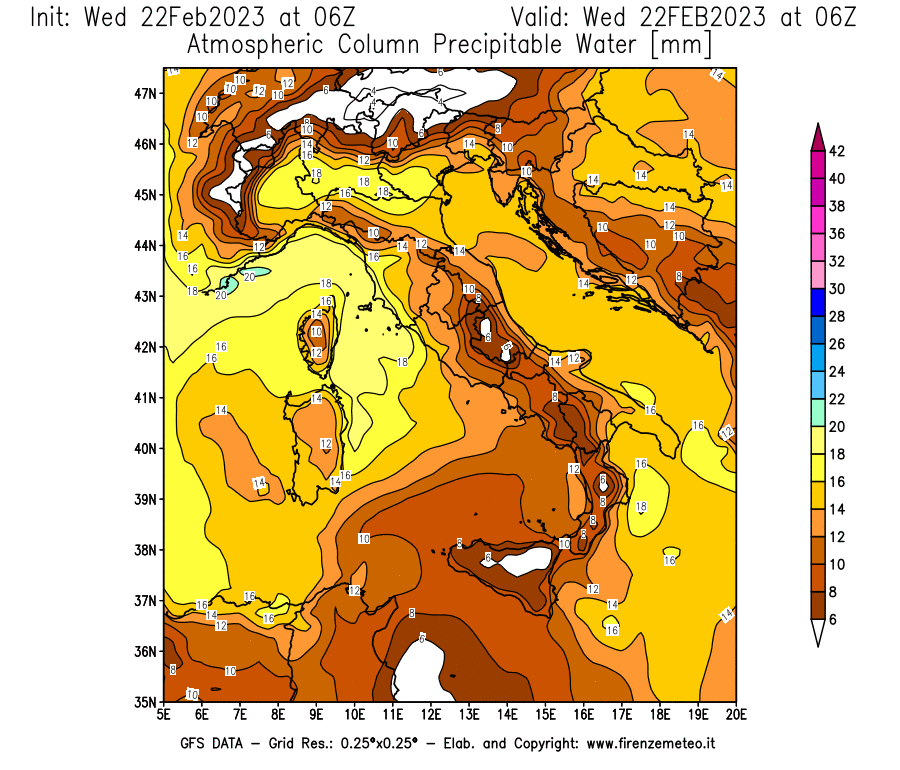 Mappa di analisi GFS - Precipitable Water [mm] in Italia
							del 22/02/2023 06 <!--googleoff: index-->UTC<!--googleon: index-->