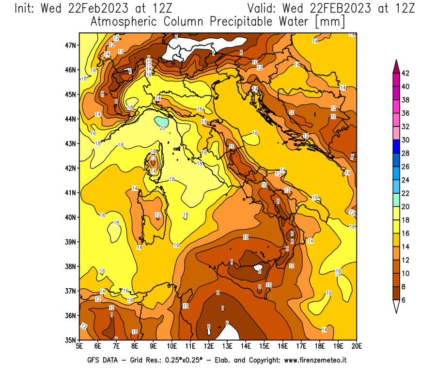 Mappa di analisi GFS - Precipitable Water [mm] in Italia
							del 22/02/2023 12 <!--googleoff: index-->UTC<!--googleon: index-->
