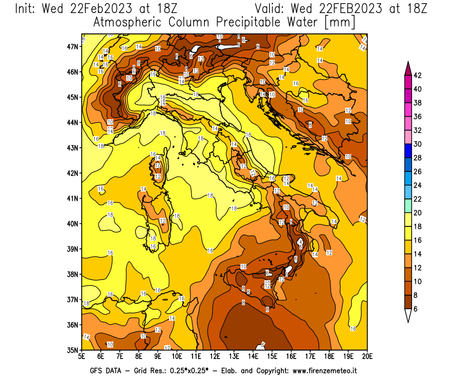 Mappa di analisi GFS - Precipitable Water [mm] in Italia
							del 22/02/2023 18 <!--googleoff: index-->UTC<!--googleon: index-->