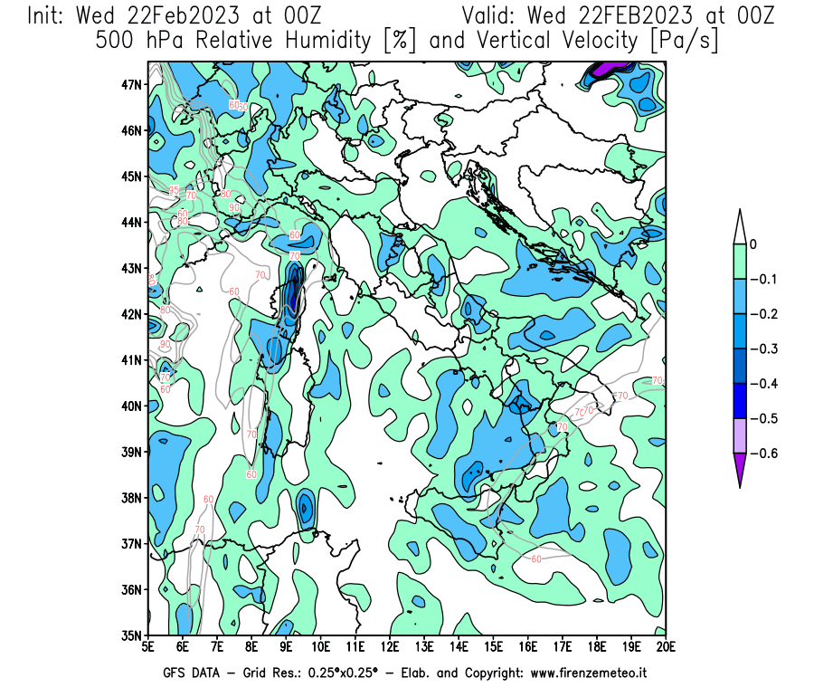 Mappa di analisi GFS - Umidità relativa [%] e Omega [Pa/s] a 500 hPa in Italia
							del 22/02/2023 00 <!--googleoff: index-->UTC<!--googleon: index-->