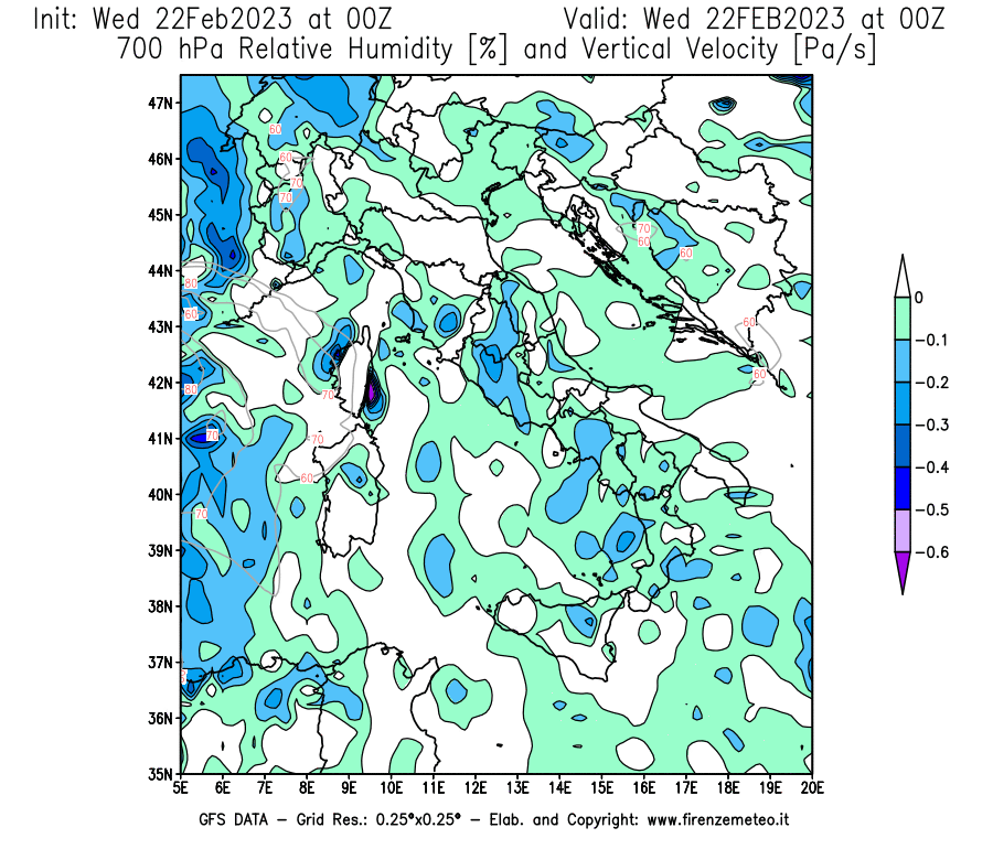 Mappa di analisi GFS - Umidità relativa [%] e Omega [Pa/s] a 700 hPa in Italia
							del 22/02/2023 00 <!--googleoff: index-->UTC<!--googleon: index-->