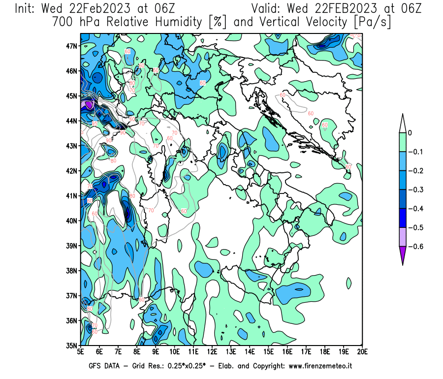Mappa di analisi GFS - Umidità relativa [%] e Omega [Pa/s] a 700 hPa in Italia
							del 22/02/2023 06 <!--googleoff: index-->UTC<!--googleon: index-->