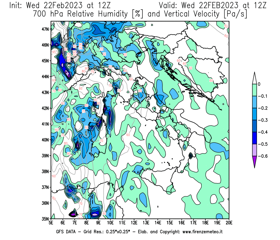 Mappa di analisi GFS - Umidità relativa [%] e Omega [Pa/s] a 700 hPa in Italia
							del 22/02/2023 12 <!--googleoff: index-->UTC<!--googleon: index-->