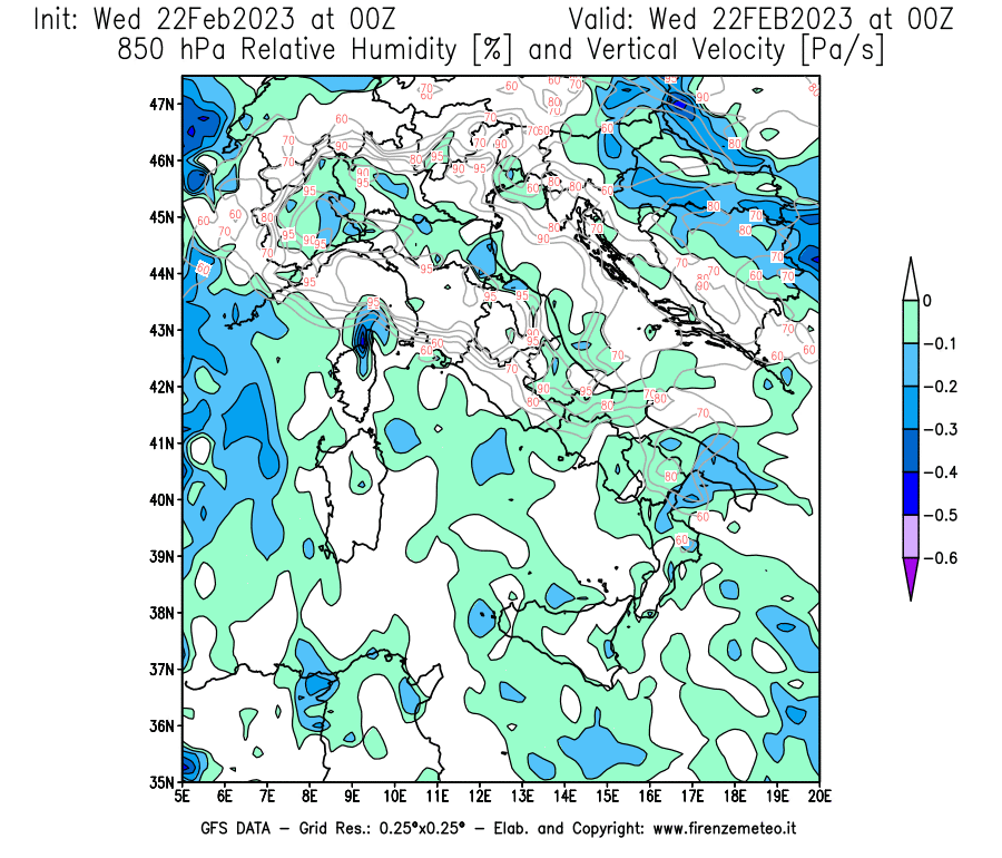 Mappa di analisi GFS - Umidità relativa [%] e Omega [Pa/s] a 850 hPa in Italia
							del 22/02/2023 00 <!--googleoff: index-->UTC<!--googleon: index-->