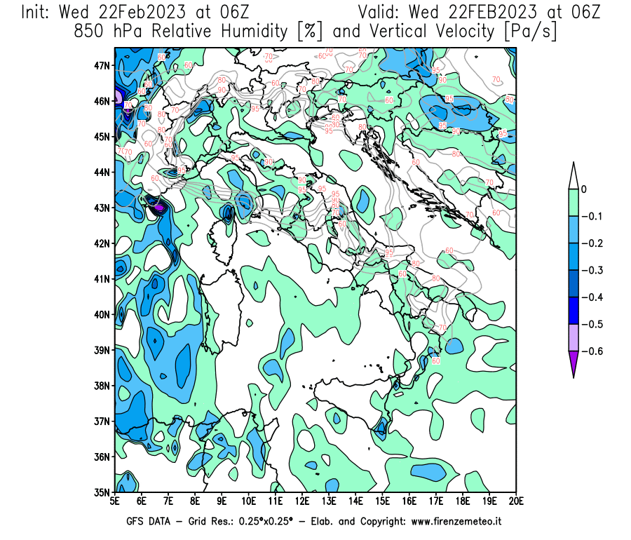 Mappa di analisi GFS - Umidità relativa [%] e Omega [Pa/s] a 850 hPa in Italia
							del 22/02/2023 06 <!--googleoff: index-->UTC<!--googleon: index-->