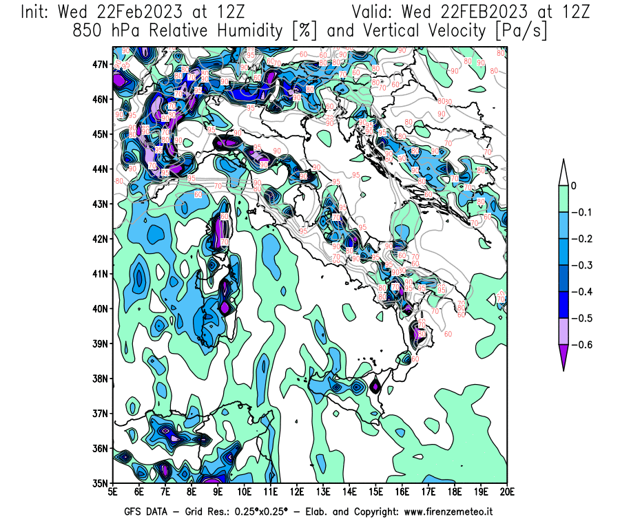 Mappa di analisi GFS - Umidità relativa [%] e Omega [Pa/s] a 850 hPa in Italia
							del 22/02/2023 12 <!--googleoff: index-->UTC<!--googleon: index-->