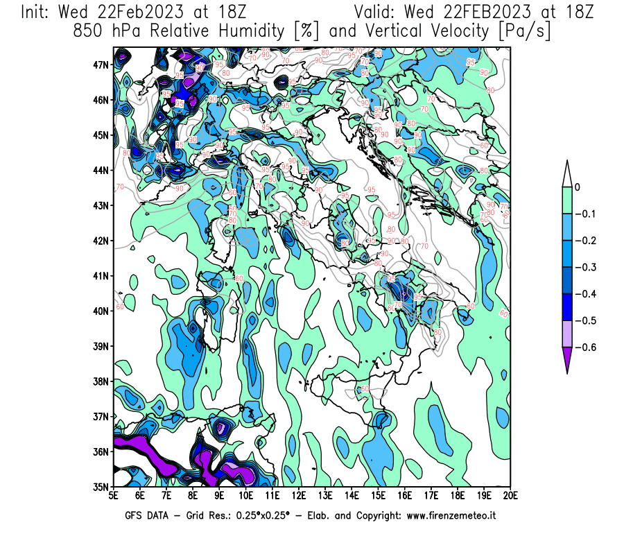 Mappa di analisi GFS - Umidità relativa [%] e Omega [Pa/s] a 850 hPa in Italia
							del 22/02/2023 18 <!--googleoff: index-->UTC<!--googleon: index-->