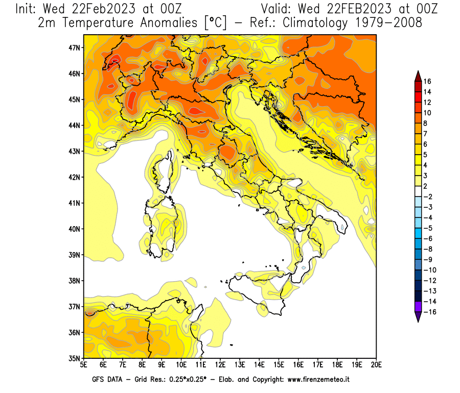 Mappa di analisi GFS - Anomalia Temperatura [°C] a 2 m in Italia
							del 22/02/2023 00 <!--googleoff: index-->UTC<!--googleon: index-->