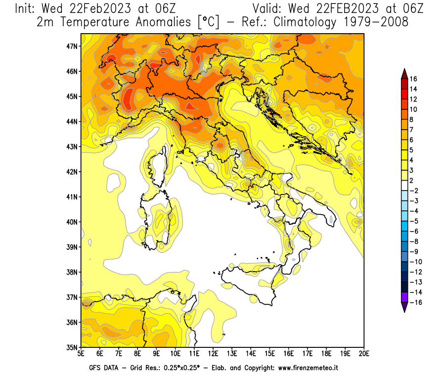 Mappa di analisi GFS - Anomalia Temperatura [°C] a 2 m in Italia
							del 22/02/2023 06 <!--googleoff: index-->UTC<!--googleon: index-->