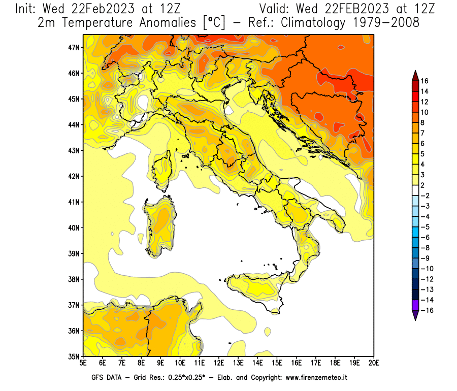 Mappa di analisi GFS - Anomalia Temperatura [°C] a 2 m in Italia
							del 22/02/2023 12 <!--googleoff: index-->UTC<!--googleon: index-->