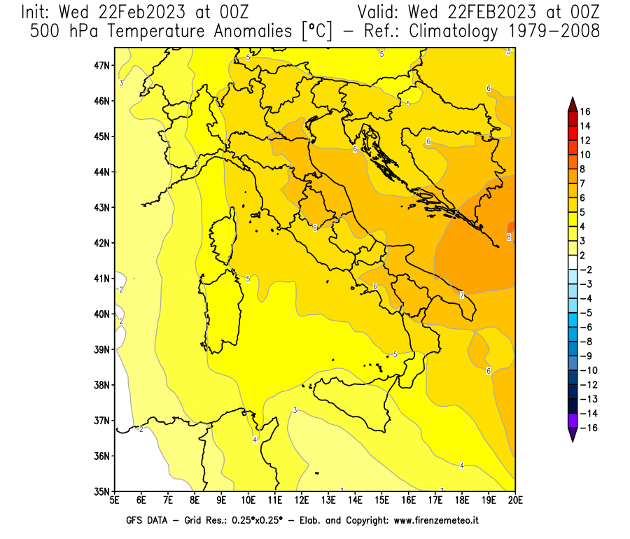Mappa di analisi GFS - Anomalia Temperatura [°C] a 500 hPa in Italia
							del 22/02/2023 00 <!--googleoff: index-->UTC<!--googleon: index-->