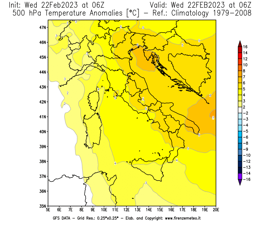 Mappa di analisi GFS - Anomalia Temperatura [°C] a 500 hPa in Italia
							del 22/02/2023 06 <!--googleoff: index-->UTC<!--googleon: index-->