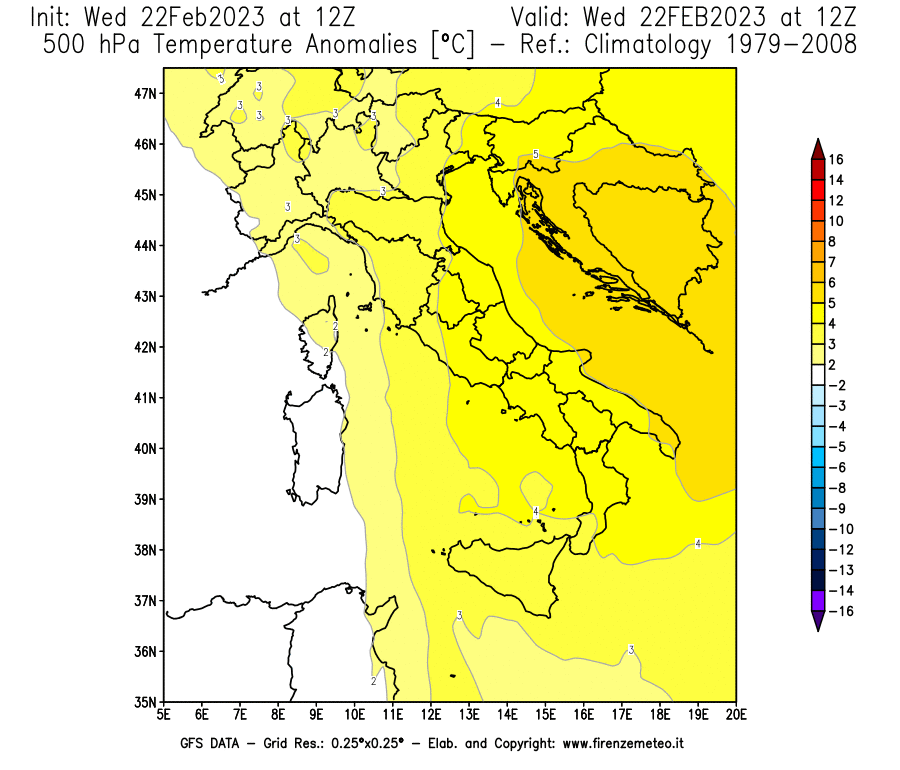 Mappa di analisi GFS - Anomalia Temperatura [°C] a 500 hPa in Italia
							del 22/02/2023 12 <!--googleoff: index-->UTC<!--googleon: index-->