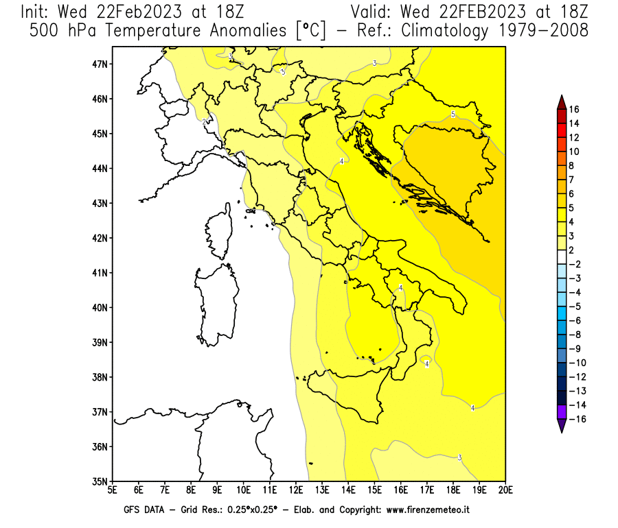 Mappa di analisi GFS - Anomalia Temperatura [°C] a 500 hPa in Italia
							del 22/02/2023 18 <!--googleoff: index-->UTC<!--googleon: index-->