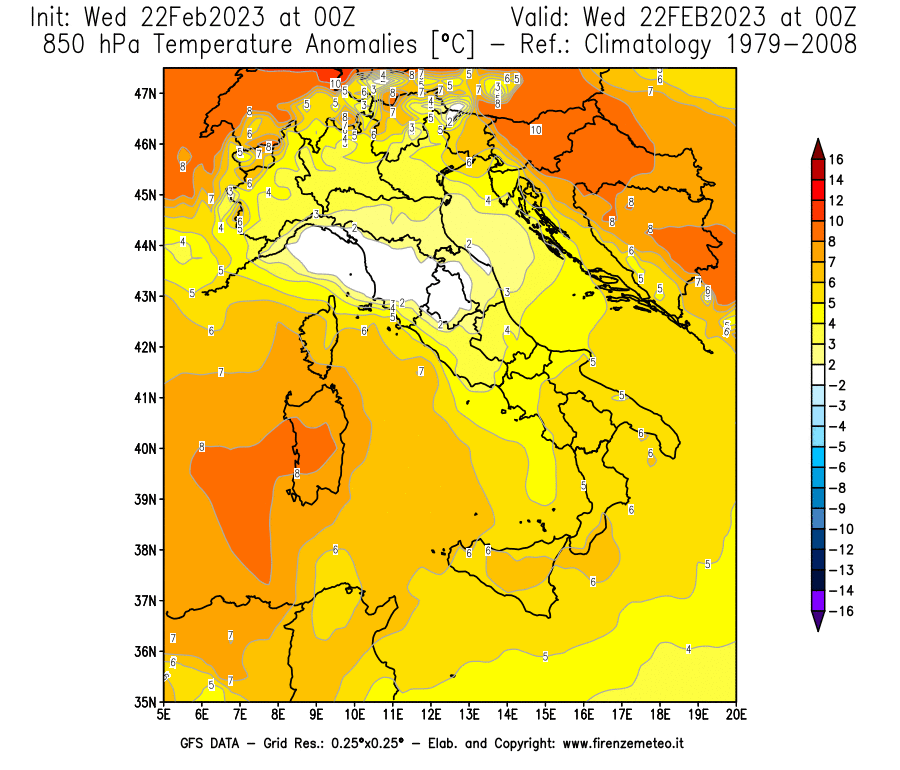 Mappa di analisi GFS - Anomalia Temperatura [°C] a 850 hPa in Italia
							del 22/02/2023 00 <!--googleoff: index-->UTC<!--googleon: index-->