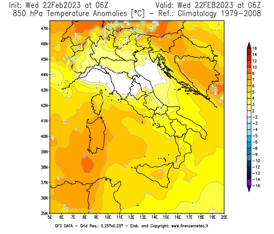 Mappa di analisi GFS - Anomalia Temperatura [°C] a 850 hPa in Italia
							del 22/02/2023 06 <!--googleoff: index-->UTC<!--googleon: index-->