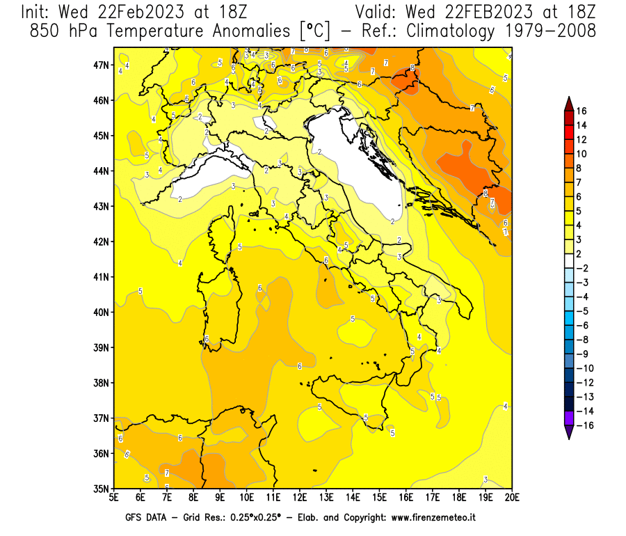 Mappa di analisi GFS - Anomalia Temperatura [°C] a 850 hPa in Italia
							del 22/02/2023 18 <!--googleoff: index-->UTC<!--googleon: index-->