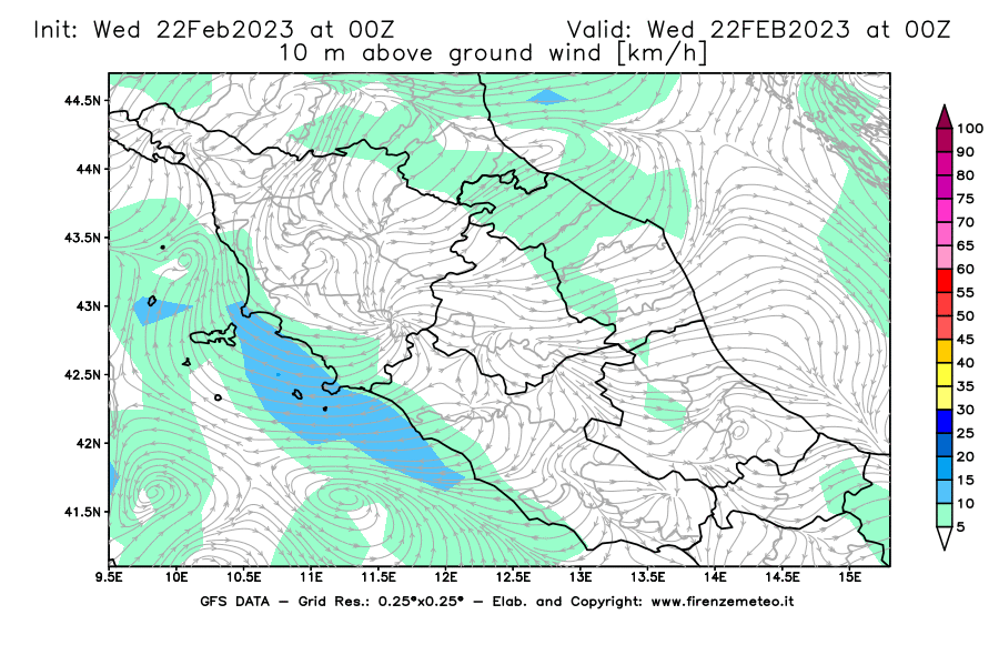 Mappa di analisi GFS - Velocità del vento a 10 metri dal suolo [km/h] in Centro-Italia
							del 22/02/2023 00 <!--googleoff: index-->UTC<!--googleon: index-->