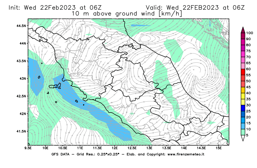 Mappa di analisi GFS - Velocità del vento a 10 metri dal suolo [km/h] in Centro-Italia
							del 22/02/2023 06 <!--googleoff: index-->UTC<!--googleon: index-->