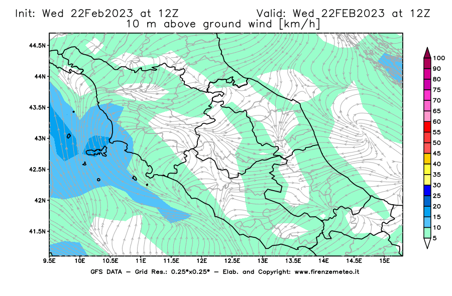 Mappa di analisi GFS - Velocità del vento a 10 metri dal suolo [km/h] in Centro-Italia
							del 22/02/2023 12 <!--googleoff: index-->UTC<!--googleon: index-->