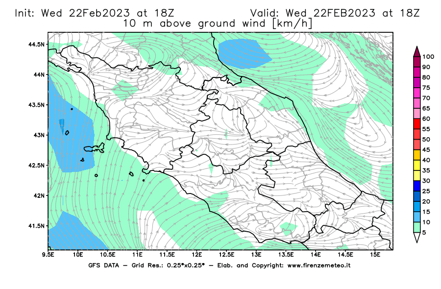 Mappa di analisi GFS - Velocità del vento a 10 metri dal suolo [km/h] in Centro-Italia
							del 22/02/2023 18 <!--googleoff: index-->UTC<!--googleon: index-->