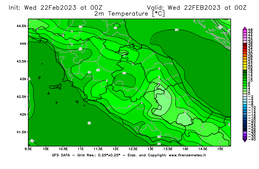 Mappa di analisi GFS - Temperatura a 2 metri dal suolo [°C] in Centro-Italia
							del 22/02/2023 00 <!--googleoff: index-->UTC<!--googleon: index-->