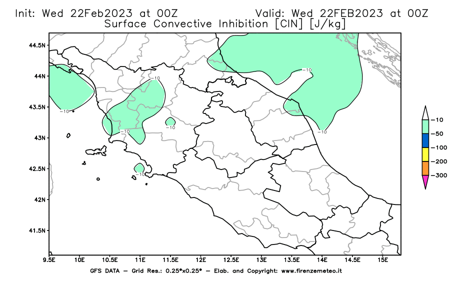 Mappa di analisi GFS - CIN [J/kg] in Centro-Italia
							del 22/02/2023 00 <!--googleoff: index-->UTC<!--googleon: index-->