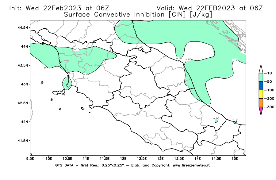 Mappa di analisi GFS - CIN [J/kg] in Centro-Italia
							del 22/02/2023 06 <!--googleoff: index-->UTC<!--googleon: index-->