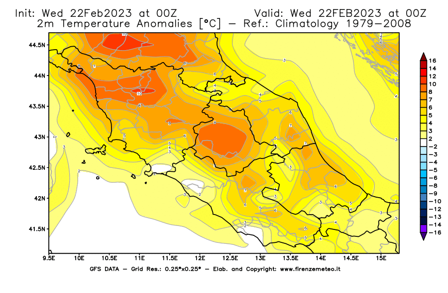 Mappa di analisi GFS - Anomalia Temperatura [°C] a 2 m in Centro-Italia
							del 22/02/2023 00 <!--googleoff: index-->UTC<!--googleon: index-->