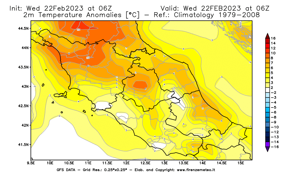 Mappa di analisi GFS - Anomalia Temperatura [°C] a 2 m in Centro-Italia
							del 22/02/2023 06 <!--googleoff: index-->UTC<!--googleon: index-->