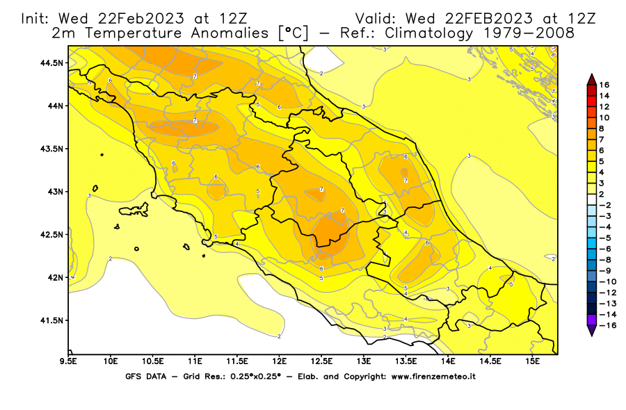 Mappa di analisi GFS - Anomalia Temperatura [°C] a 2 m in Centro-Italia
							del 22/02/2023 12 <!--googleoff: index-->UTC<!--googleon: index-->