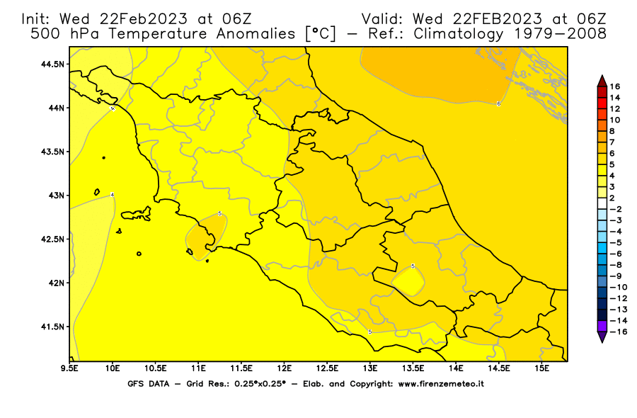 Mappa di analisi GFS - Anomalia Temperatura [°C] a 500 hPa in Centro-Italia
							del 22/02/2023 06 <!--googleoff: index-->UTC<!--googleon: index-->