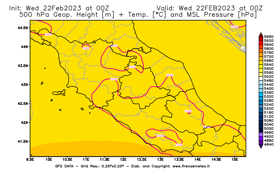 Mappa di analisi GFS - Geopotenziale [m] + Temp. [°C] a 500 hPa + Press. a livello del mare [hPa] in Centro-Italia
							del 22/02/2023 00 <!--googleoff: index-->UTC<!--googleon: index-->