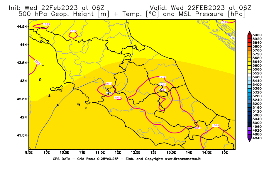 Mappa di analisi GFS - Geopotenziale [m] + Temp. [°C] a 500 hPa + Press. a livello del mare [hPa] in Centro-Italia
							del 22/02/2023 06 <!--googleoff: index-->UTC<!--googleon: index-->