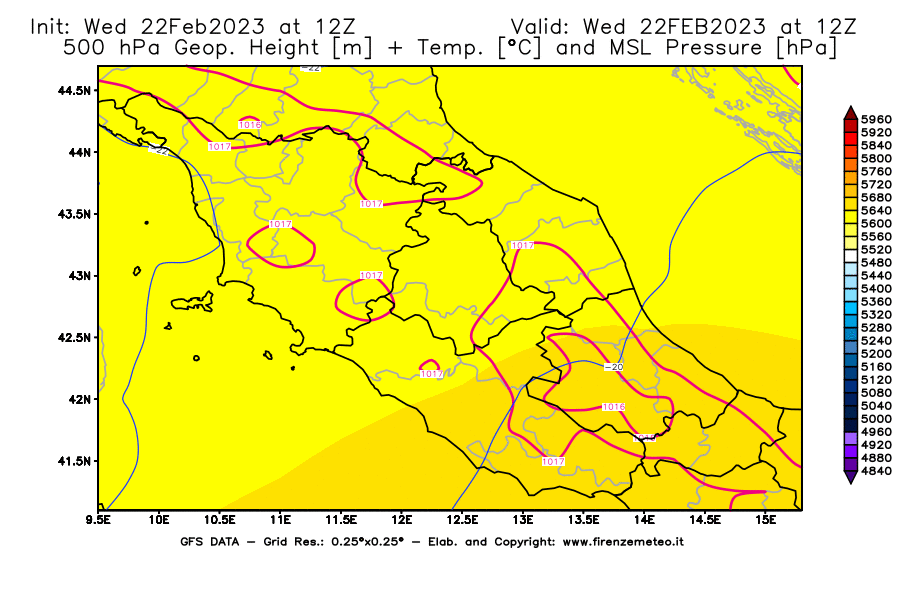Mappa di analisi GFS - Geopotenziale [m] + Temp. [°C] a 500 hPa + Press. a livello del mare [hPa] in Centro-Italia
							del 22/02/2023 12 <!--googleoff: index-->UTC<!--googleon: index-->