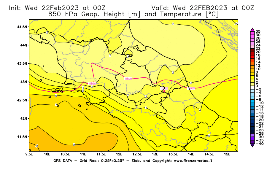 Mappa di analisi GFS - Geopotenziale [m] e Temperatura [°C] a 850 hPa in Centro-Italia
							del 22/02/2023 00 <!--googleoff: index-->UTC<!--googleon: index-->