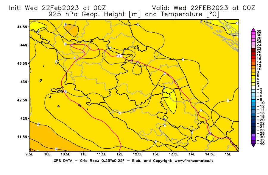 Mappa di analisi GFS - Geopotenziale [m] e Temperatura [°C] a 925 hPa in Centro-Italia
							del 22/02/2023 00 <!--googleoff: index-->UTC<!--googleon: index-->