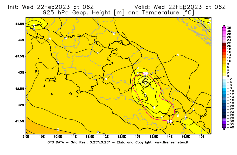 Mappa di analisi GFS - Geopotenziale [m] e Temperatura [°C] a 925 hPa in Centro-Italia
							del 22/02/2023 06 <!--googleoff: index-->UTC<!--googleon: index-->