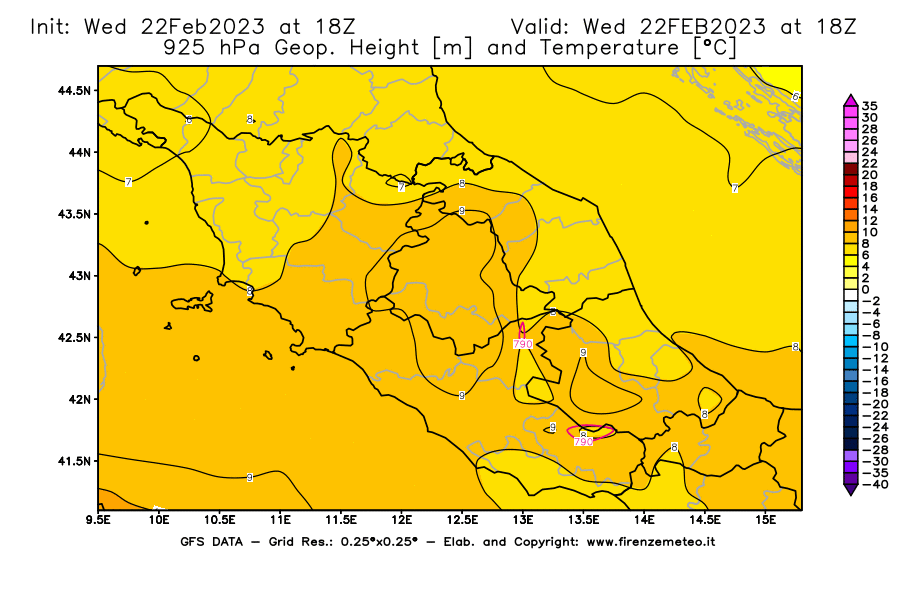 Mappa di analisi GFS - Geopotenziale [m] e Temperatura [°C] a 925 hPa in Centro-Italia
							del 22/02/2023 18 <!--googleoff: index-->UTC<!--googleon: index-->