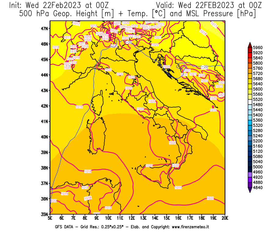 Mappa di analisi GFS - Geopotenziale [m] + Temp. [°C] a 500 hPa + Press. a livello del mare [hPa] in Italia
							del 22/02/2023 00 <!--googleoff: index-->UTC<!--googleon: index-->