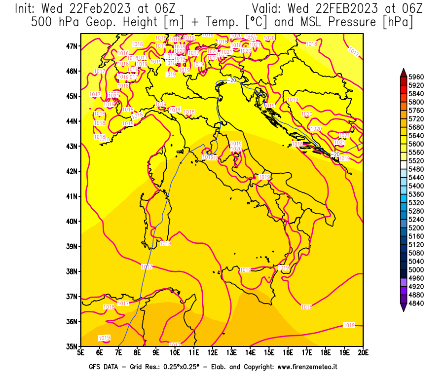 Mappa di analisi GFS - Geopotenziale [m] + Temp. [°C] a 500 hPa + Press. a livello del mare [hPa] in Italia
							del 22/02/2023 06 <!--googleoff: index-->UTC<!--googleon: index-->