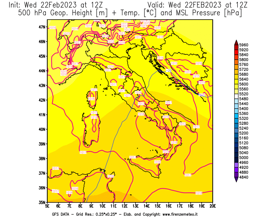 Mappa di analisi GFS - Geopotenziale [m] + Temp. [°C] a 500 hPa + Press. a livello del mare [hPa] in Italia
							del 22/02/2023 12 <!--googleoff: index-->UTC<!--googleon: index-->