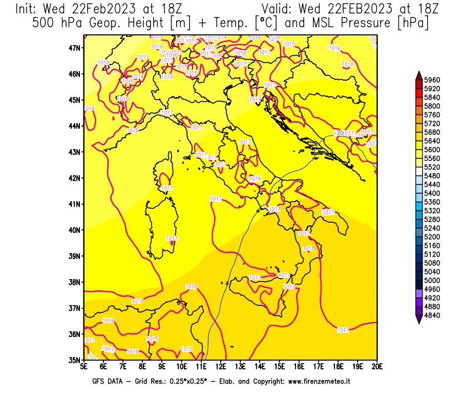 Mappa di analisi GFS - Geopotenziale [m] + Temp. [°C] a 500 hPa + Press. a livello del mare [hPa] in Italia
							del 22/02/2023 18 <!--googleoff: index-->UTC<!--googleon: index-->